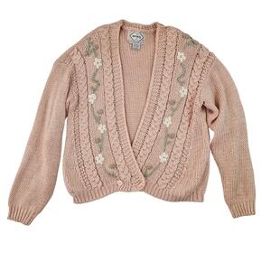 Vintage 1995 Nuggets Pink Floral Embroidered CableKnit Cardigan Sweater Womens M